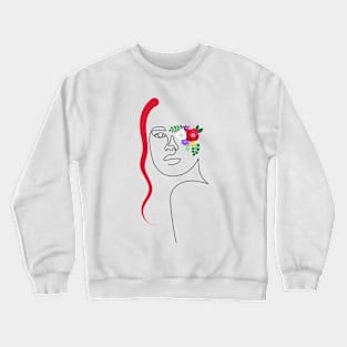 Flowers Lady with Red Hair | One Line Drawing | One Line Art | Minimal | Minimalist Crewneck Sweatshirt